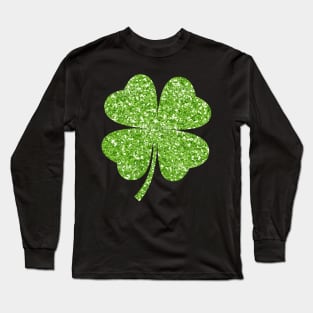 St Patricks Day, Green Faux Glitter 4 Leaf Clover Long Sleeve T-Shirt